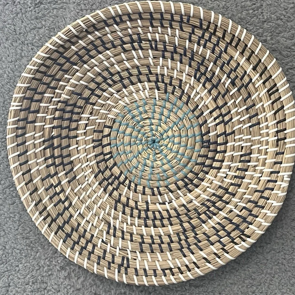 Set of 2 Woven Seagrass Wall Art Baskets Boho Decor Turquoise Blue Natural
